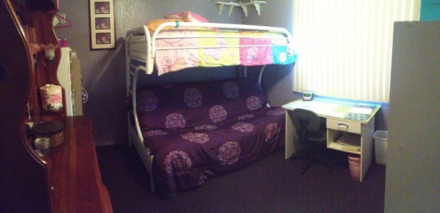 This is how you would first see my room walking in... I'm hoping to change the top quilt, but for now it works fine ;)